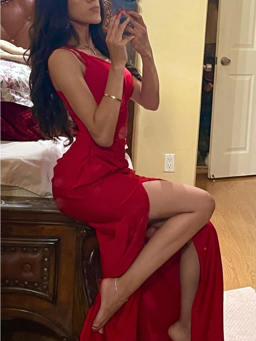 Red Satin Slip Dress with Side Slit
